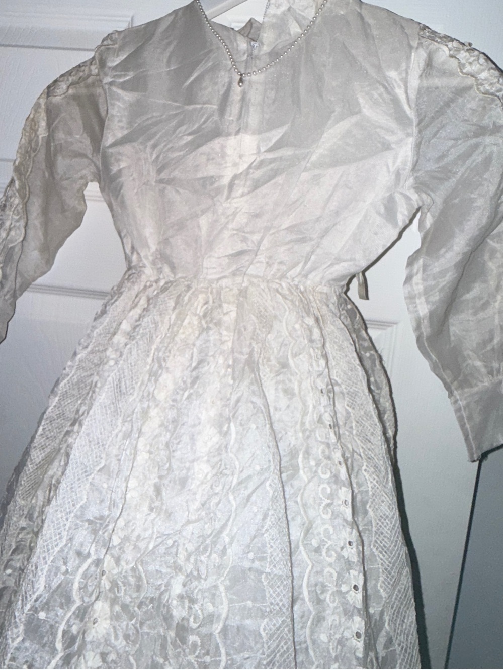 Vintage White 1950s Edwardian Revival Embroidered Organza Prairie Maxi Dress